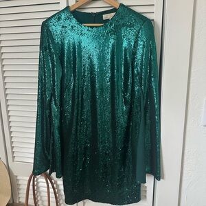 Dress the Population Green Sequin flare sleeved mini dress